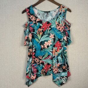 Adrianna Papell Womens Tropical Floral Cold Shoulder Handkerchief Hem Top M